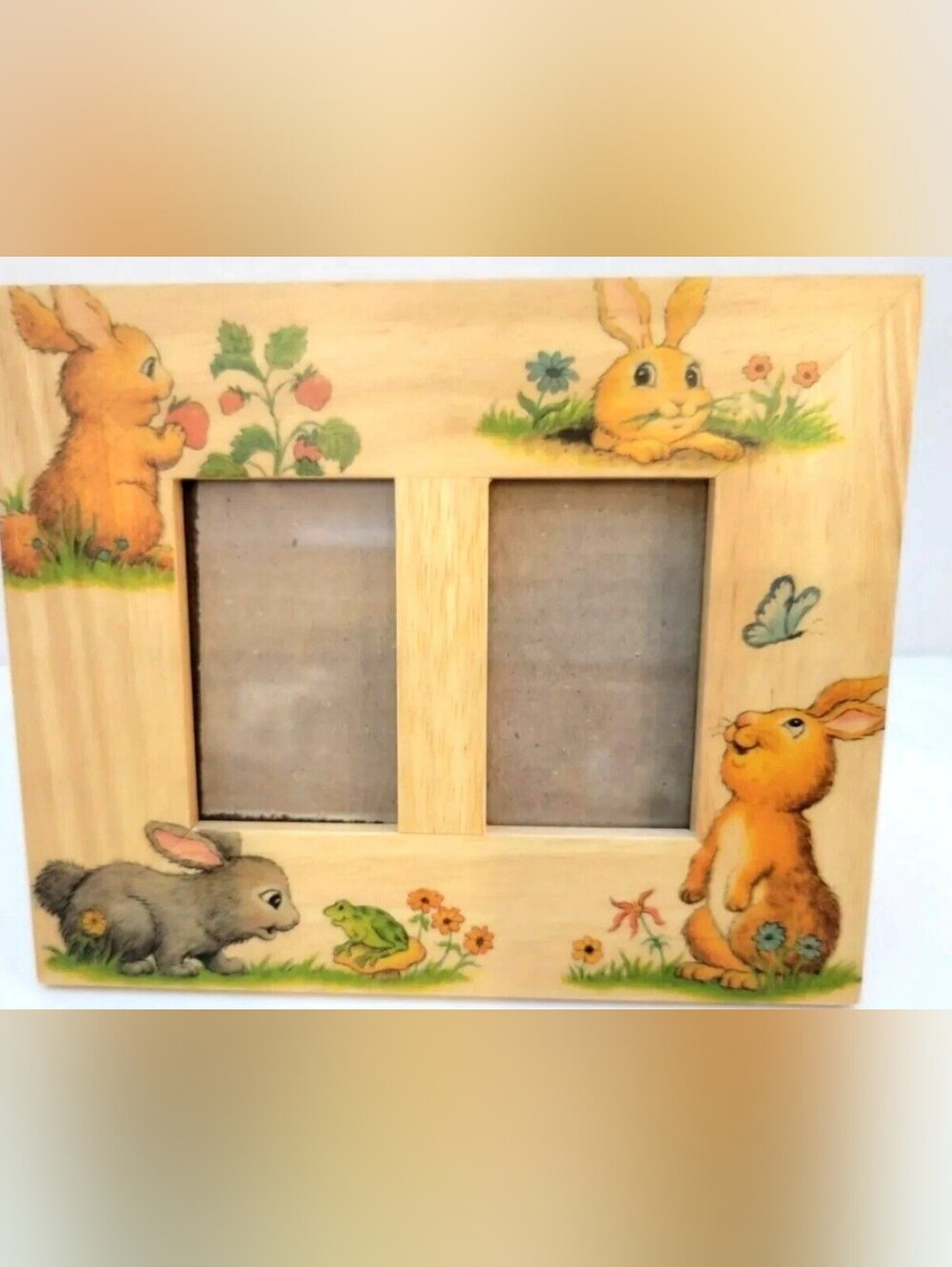 Fetco 8"×6" Photo Frame Handcrafted Wood w/ Cute Bunnies for Two 2"×3" Vtg 1995